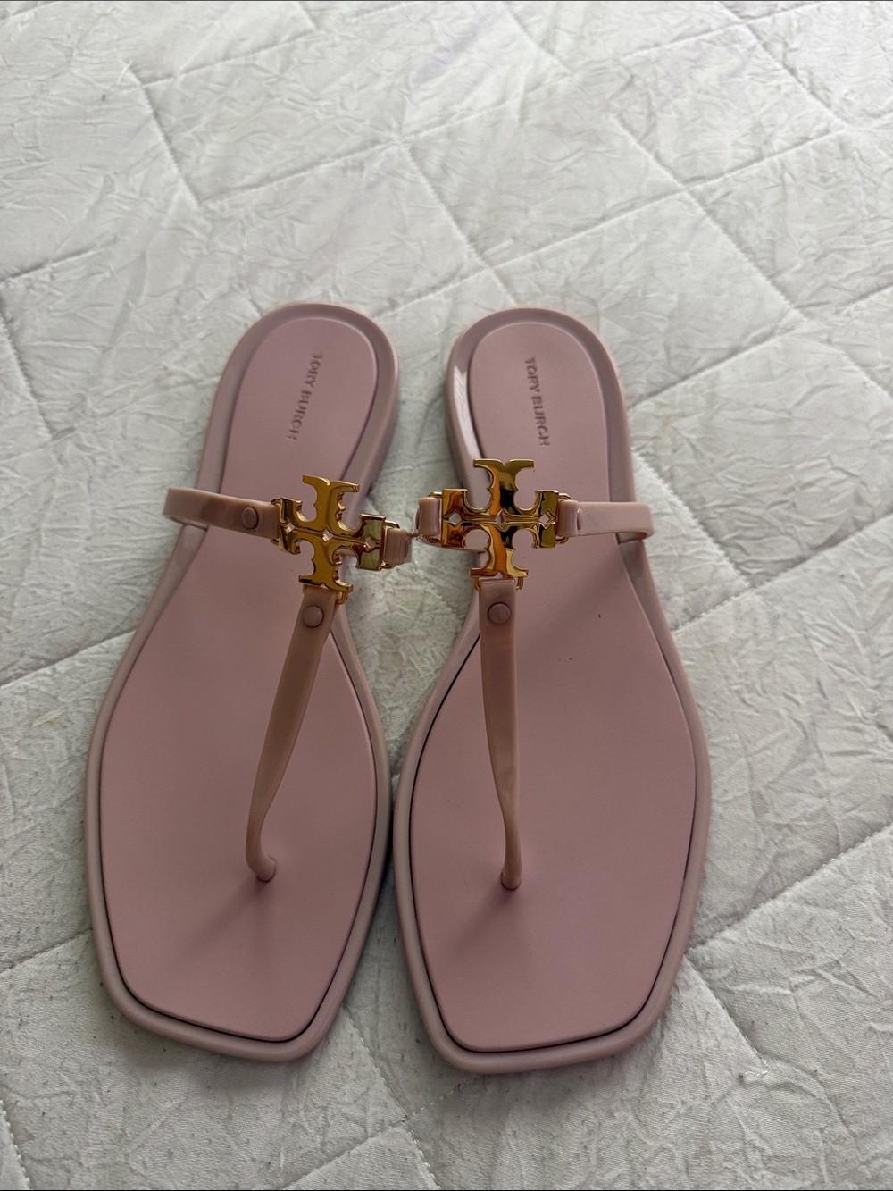 Tory Burch Pink Logo jelly Thong Sandals with Gold Emblem